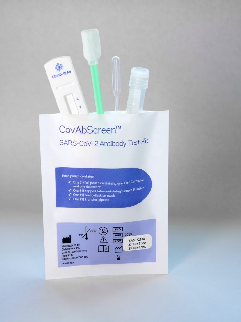 Kit Rapid Test Cassette COVID-19 Oral Fluid SARS,COV-2 Ab,Test Kit, (1) Foil Pouch Contains (1) Test Cartridge (1) Desiccant (1) Capped Tube Containing Sample Solution (1) Oral Collection Swab, (1) Transfer Pippete 50 by Diabetomics  ID 2046